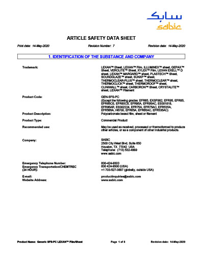 Article Safety Data Sheet for Lexan Sheet Products