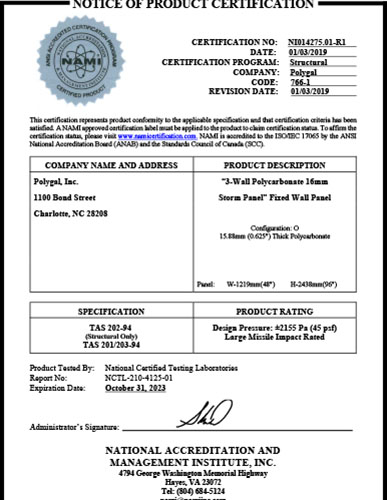 NAMI - Notice of Product Certification - 16mm Storm Panel