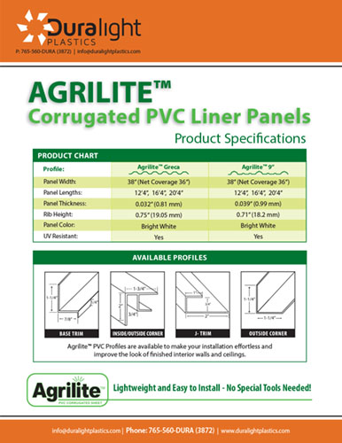 Agrilite Corrugated PVC Liner Panel Product Specifications Chart