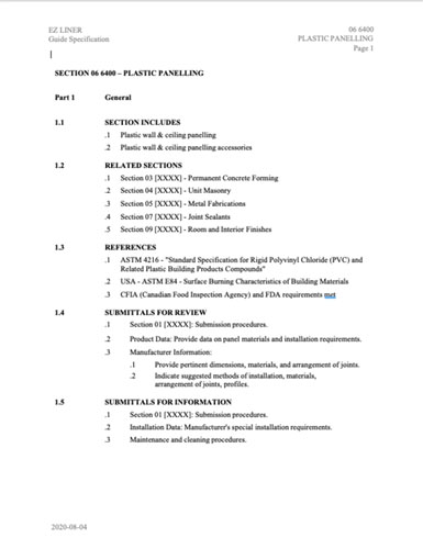 EZ Liner Guide Specification - Section 06 6400 - Plastic Panelling