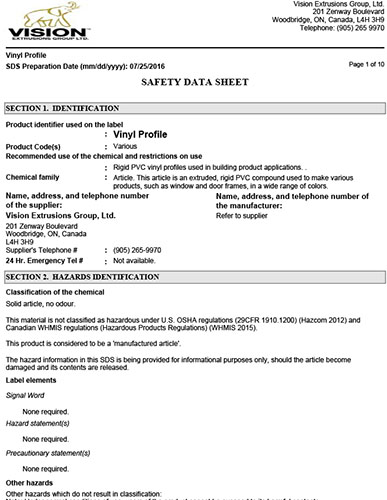 PVC Liner Safety Data Sheet