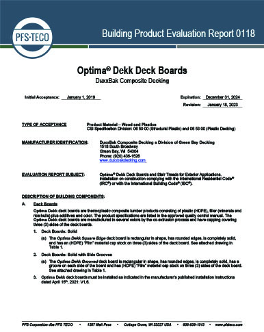 OPTIMA® Dekk – Building Product Evaluation Report 0118