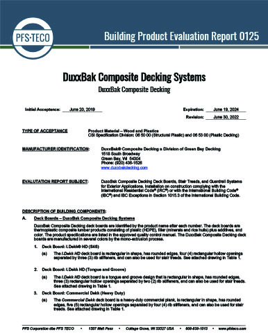 DuxxBak Composite Decking – Building Product Evaluation Report 0125