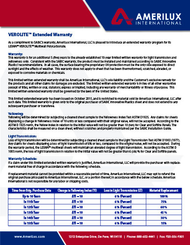 AmeriLux extended warranty for Lexan Verolite